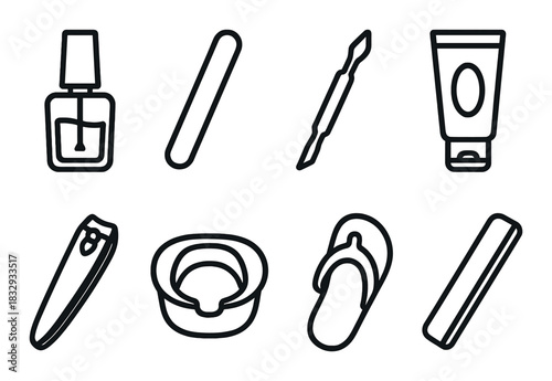 Set of manicure tools: nail polish, file, clippers, cream, flip-flops, bowl