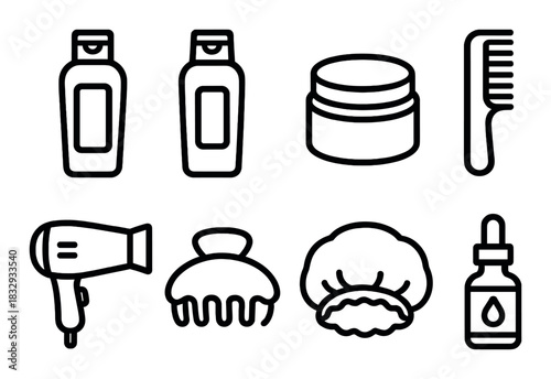 Hair care icons set with shampoo, conditioner, comb, and more