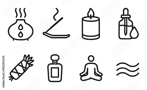 Aromatherapy symbols: diffuser, incense, candle, essential oils, smudge, perfume, meditation, relaxation