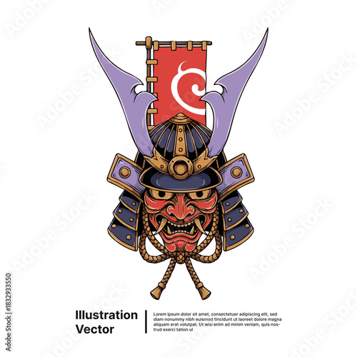 Traditional Japanese Samurai Mask Illustration with Japanese Flag