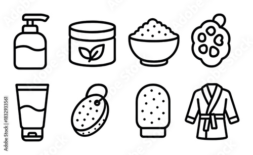 Spa essentials icons set with lotion, scrub, sponge, and bathrobe on dark background