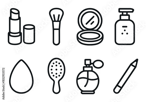 Essential makeup tools and products icons set on dark background