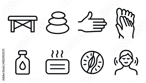 Massage therapy icons: stones, hands, feet, oil, soap, relaxation elements
