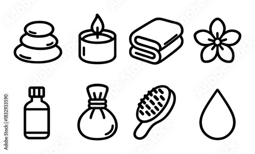 Spa and wellness icons: stones, candle, towel, flower, oil, herbal bag, brush, water drop