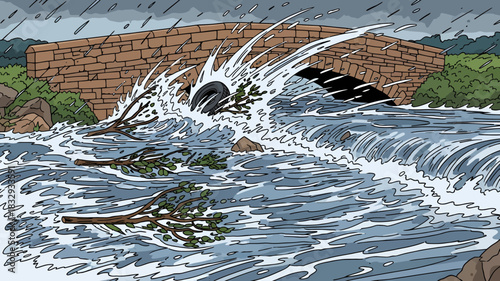 Torrential rain causes a river to surge powerfully, carrying debris under an old stone bridge, illustrating a dangerous flash flood during extreme weather