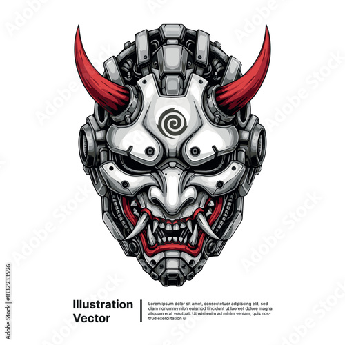 Detailed vector illustration of a futuristic robotic Japanese Oni demon mask with red horns