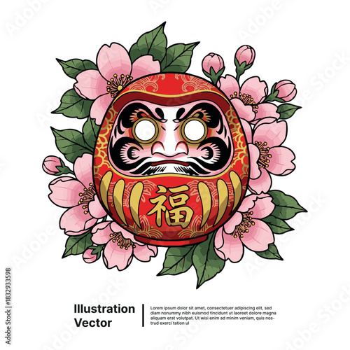 Traditional red Japanese Daruma doll with sakura flowers for good luck and perseverance