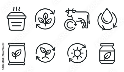Eco-friendly agriculture icons depicting sustainability practices and natural farming methods