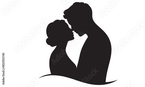 Romantic couple embracing tenderly in a classic black silhouette against a white background