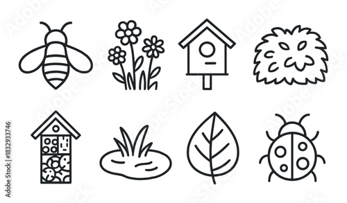 Garden icon set featuring bee, birdhouse, flowers, leaf, bug, bush, pond
