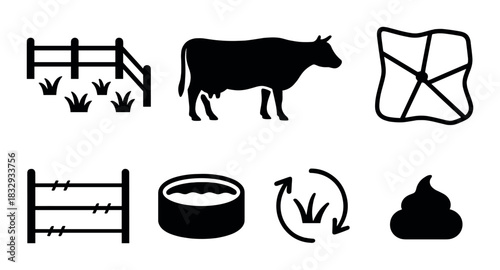 Farm icons set: cow, fence, pasture, water trough, rotation, dung silhouettes
