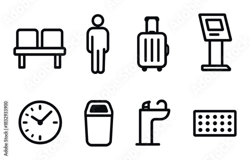 Airport symbols: seating, traveler, luggage, kiosk, clock, bin, sink, tactile panel