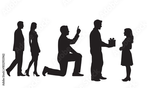 Man kneeling in silhouette proposing to woman with ring and gift box silhouette