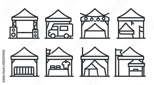 Outline icons of festival tents and stages on dark background