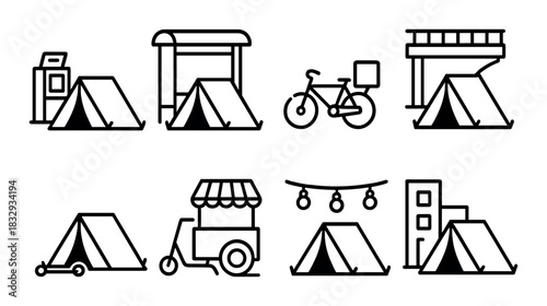 Simple outline icons of tents, bicycle, and market stalls