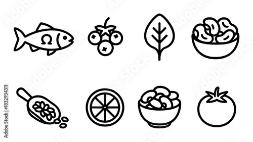 Healthy food icons: fish, berries, leaf, nuts, citrus, tomato in black and white design
