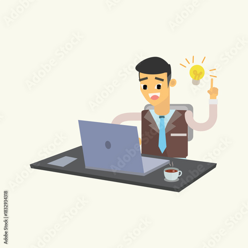 Inspired businessman pointing at a glowing lightbulb above his head. Concept of creative idea, innovation, and finding a business solution