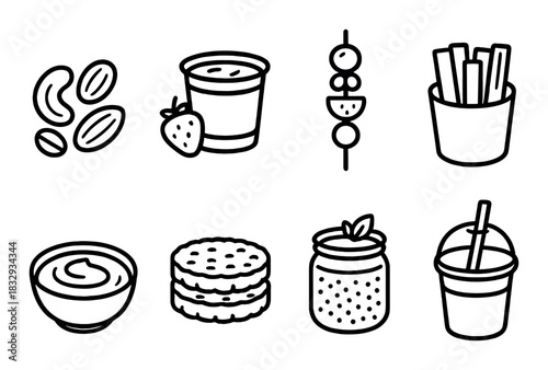 Black and white food icons set: snacks, desserts, drinks, fruits, sweets