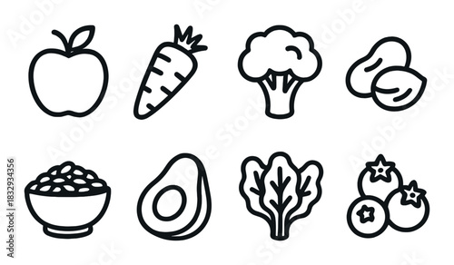 Monochrome icons of healthy fruits and vegetables on dark background