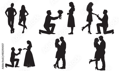 Collection of romantic couple silhouettes depicting proposals and embraces silhouette