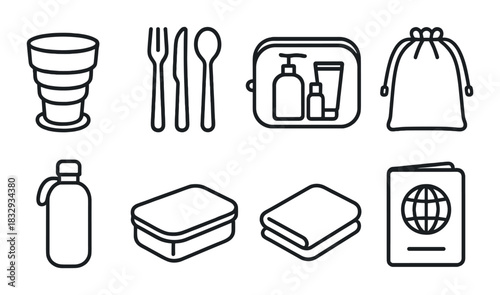 Travel essentials icons: collapsible cup, utensils, toiletries kit, bottle, lunchbox, towel, passport