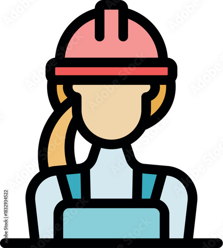 Portrait of a female construction worker wearing a pink hard hat and blue overalls, symbolizing women in construction