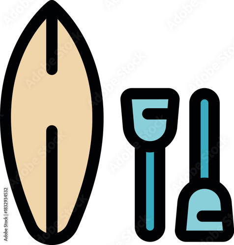 Surfboard, paddle and fin composing a sup surfing equipment, over a white background