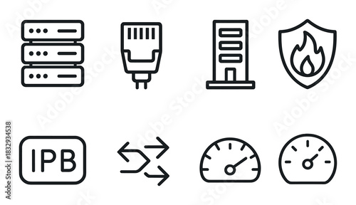 Icons of data servers, networking, security, and speed meters on gray background