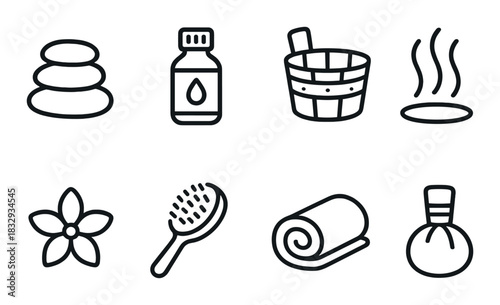 Spa icons set: stones, essential oil, wooden bucket, steam, flower, brush, towel, perfume