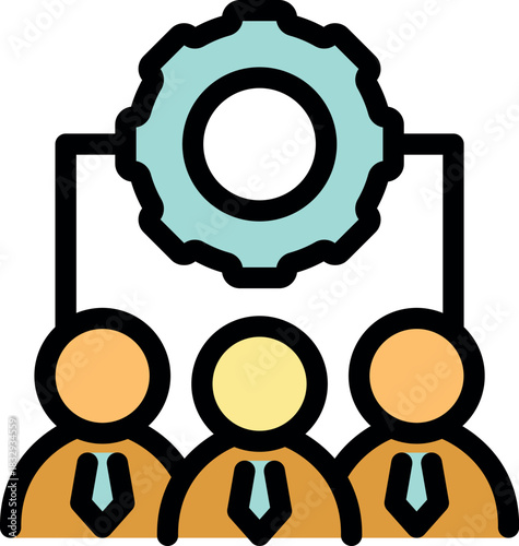 Business team working together under a gear, symbolizing effective project management and collaboration for achieving business goals