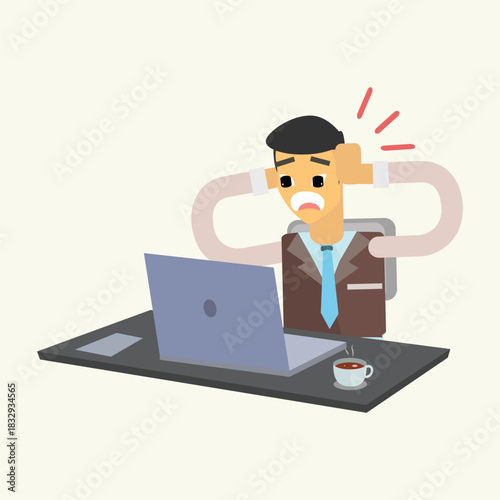 Stressed businessman holding his head in shock while looking at a laptop. Concept of work pressure, bad news, or financial loss