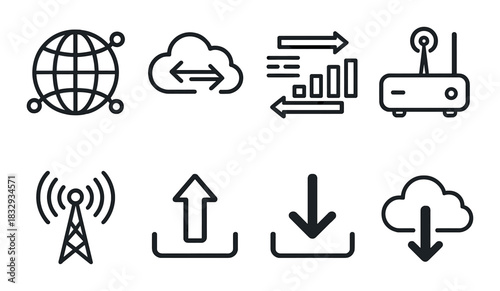 Digital network icons: global connectivity, data transfer, and cloud computing symbols