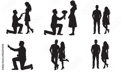 Romantic couple silhouettes depicting marriage proposals and affectionate poses silhouette