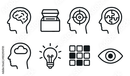 Brain and mind icons: cognitive concepts and symbols in line art