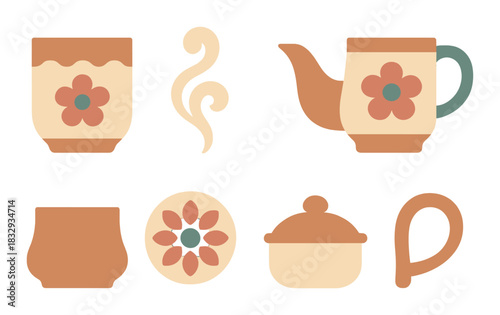 Retro floral kitchenware collection: teapot mugs and dishes with vintage style