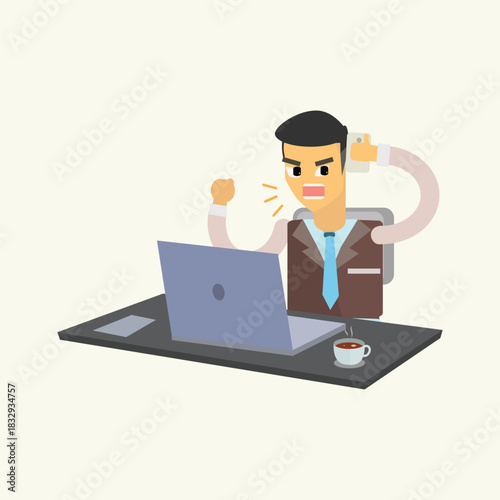 An angry businessman shouting and gesturing aggressively while working on his laptop