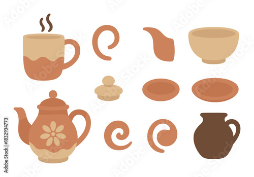 Warm toned ceramic kitchenware set with teapot mug bowl and pitcher silhouettes