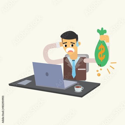 A businessman at his desk crying while holding a small bag of money, feeling underpaid or losing profit