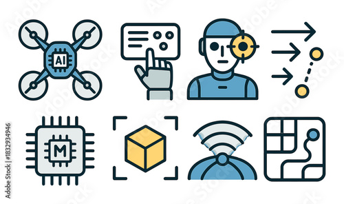 Futuristic ai and robotics technology icons featuring drone, human, and sensors
