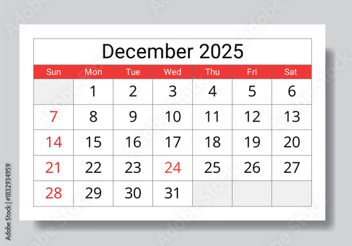2025 december calendar. A vector collection of English monthly page calendars. Design Sunday start