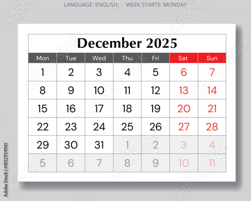 2025 december calendar. Vector English monthly page. Design Monday start