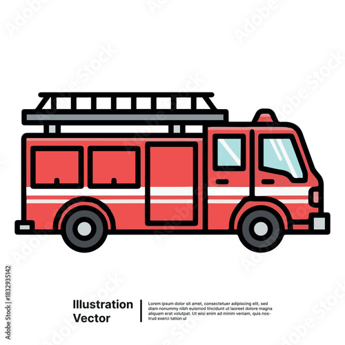 Red fire truck emergency vehicle illustration in a flat cartoon style with line art
