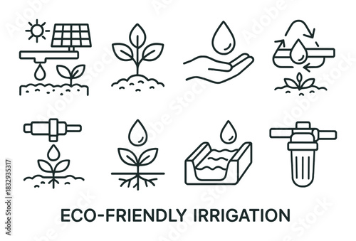 Eco-friendly irrigation icons with sustainable water management illustrations