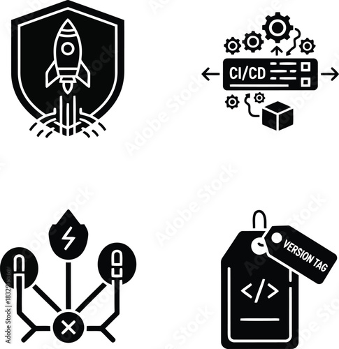 Software development icons rocket C I C D tag and network