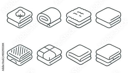 Set of eight minimalist icons representing various folded textiles and fabrics