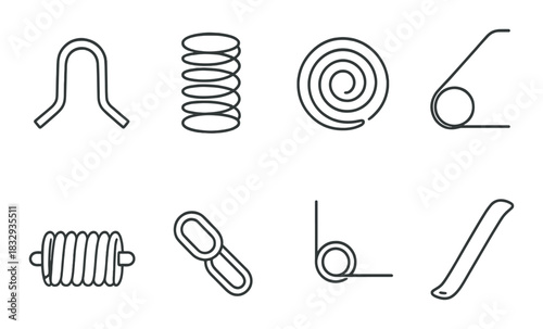 Collection of various spring wire forms on grayscale background