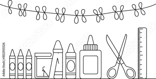 Line art illustration of school supplies including crayons glue bottle scissors and ruler art supplies