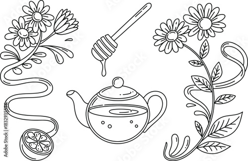 Black and white line drawing of a teapot with flowers lemon and honey dipper vector