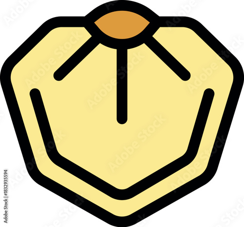 Geometric pentagonal button icon featuring a light yellow background, an orange center emitting three rays of light, and a thick black outline