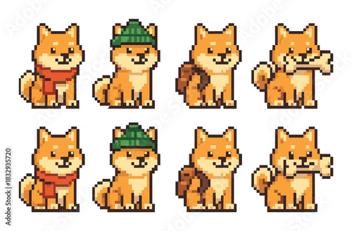 Pixel art shiba inu with accessories: scarf, hat, backpack, bone